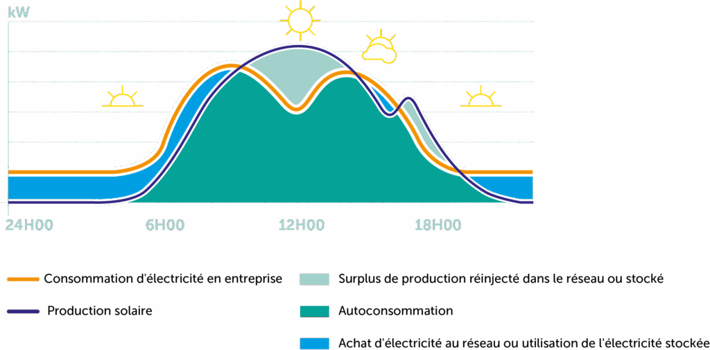 Graphique représentant la production et consommation d’électricité solaire moyenne sur 24 heures dans une entreprise.